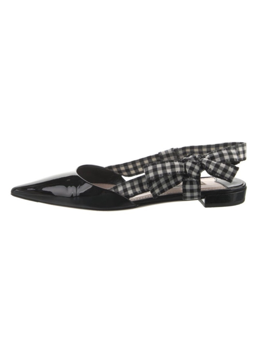 Miu Miu Black Patent Leather Pointed Slingback Flats with Gingham Bow